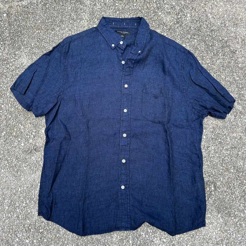Banana Republic Mens Large Navy Blue 100% Linen Short Sleeve Button Down Shirt